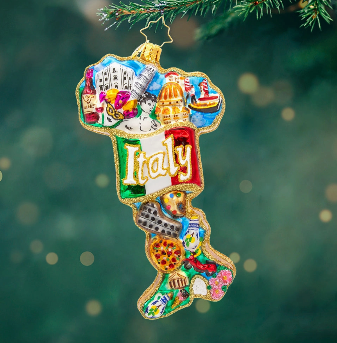 Christopher Radko Italian Charm glass Christmas ornament with Italy landmarks food and Italian flag colors