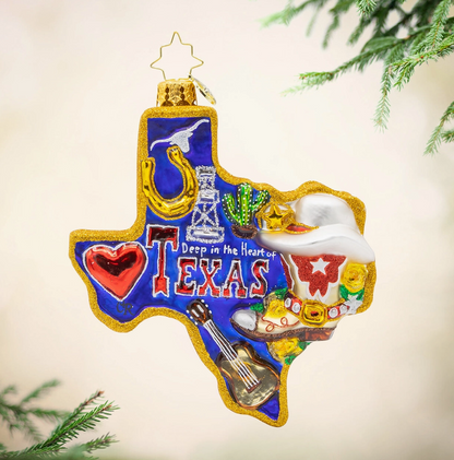 Christopher Radko Lone Star Pride Texas glass Christmas ornament with cowboy hat boots guitar and Texas symbols