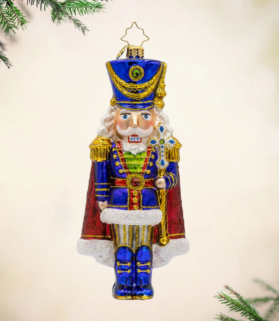 Christopher Radko Long Coat Nutcracker glass Christmas ornament in royal blue red and gold
