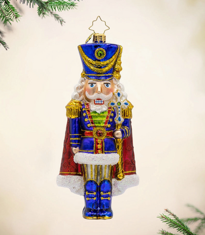 Christopher Radko Long Coat Nutcracker glass Christmas ornament in royal blue red and gold