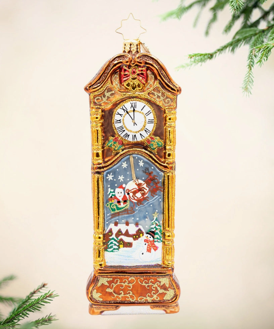 Christopher Radko Sleighbells Past Midnight handmade glass Christmas ornament with antique clock and Santa sleigh scene