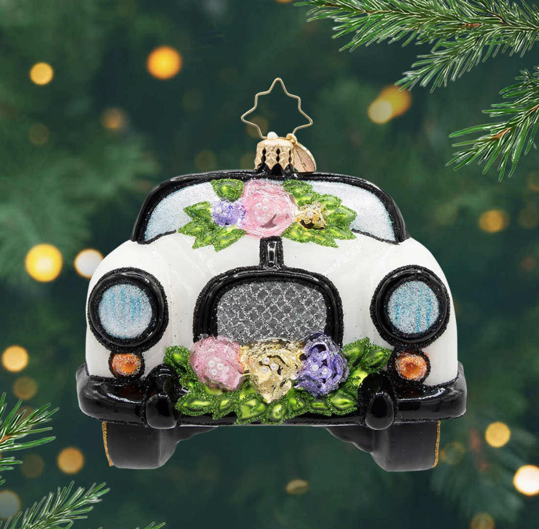 Christopher Radko Sweetheart Getaway wedding glass ornament with white vintage car and pastel flowers