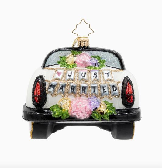 Christopher Radko Sweetheart Getaway Just Married glass ornament with floral wedding getaway car