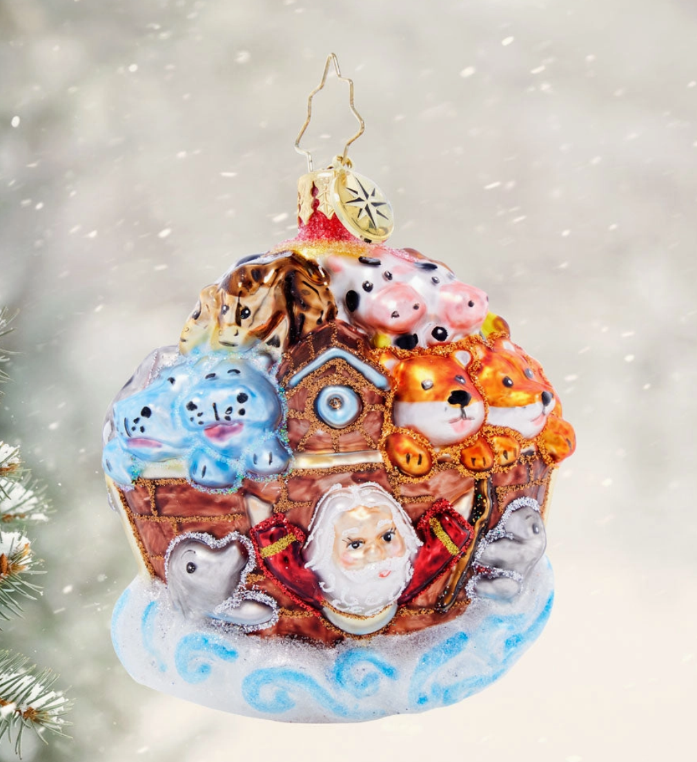 Christopher Radko Two By Two Gem Noah's Ark glass ornament with Santa and pairs of animals