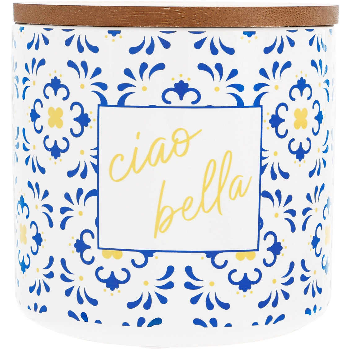 Decorative container with floral pattern and 'ciao bella' text on a white background