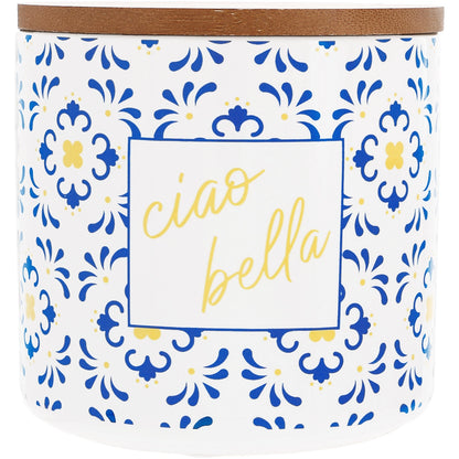 Decorative container with floral pattern and 'ciao bella' text on a white background