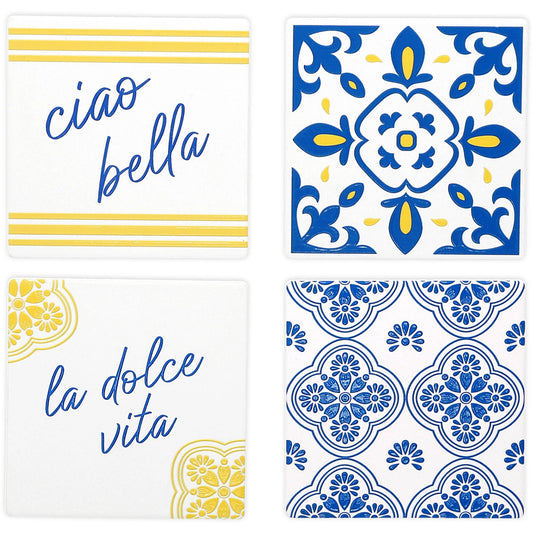 Set of four decorative tiles with blue and yellow patterns and text.