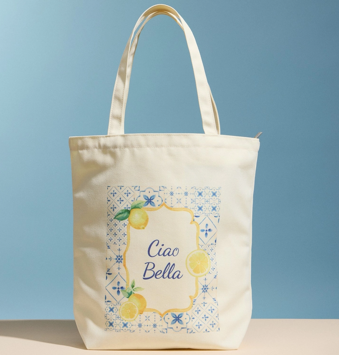 Tote bag with 'Ciao Bella' design on a blue background