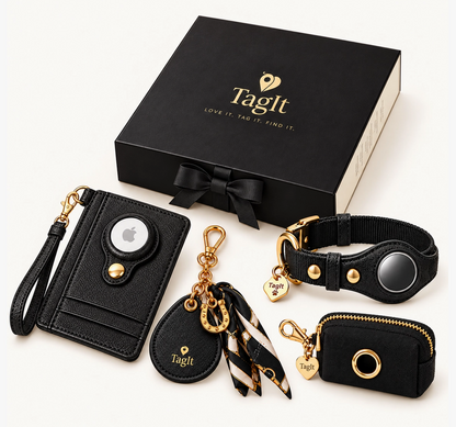 City Companion Gift Set featuring black wristlet wallet, horseshoe keychain with printed scarf, black dog collar, matching poop-bag holder, and gift box.