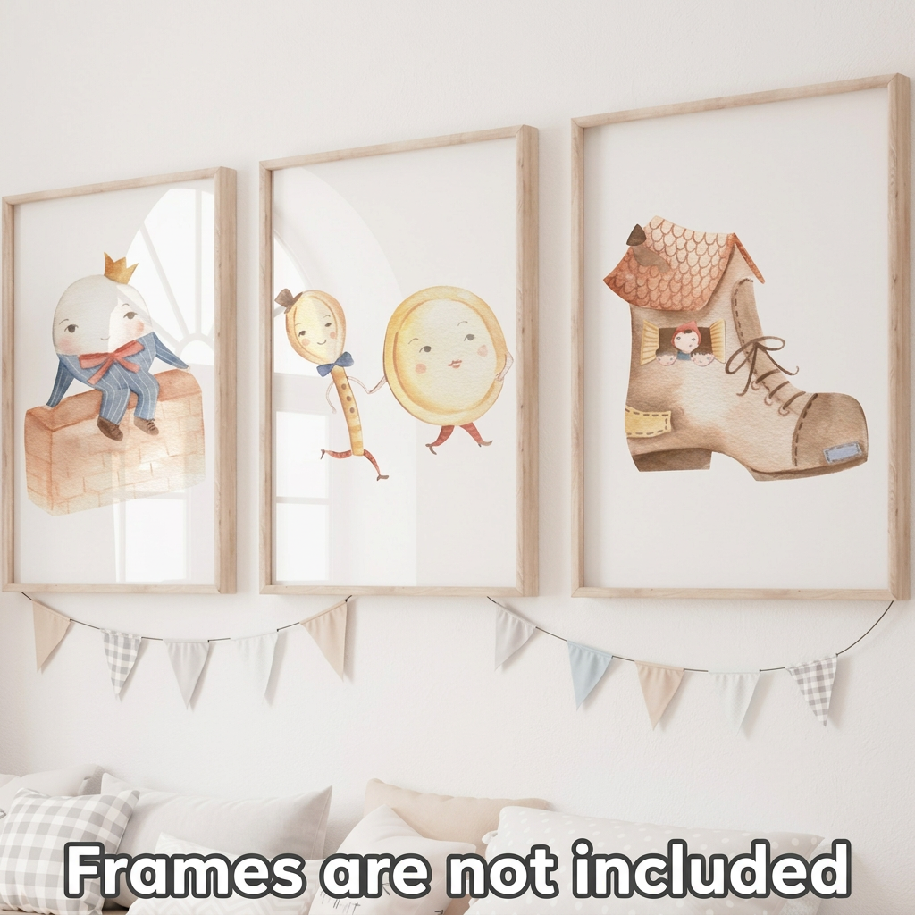 Set of three classic nursery rhyme watercolor wall art prints featuring Humpty Dumpty, dancing storybook characters, and The Old Woman Who Lived in a Shoe, displayed in natural wood frames above a nursery bed.