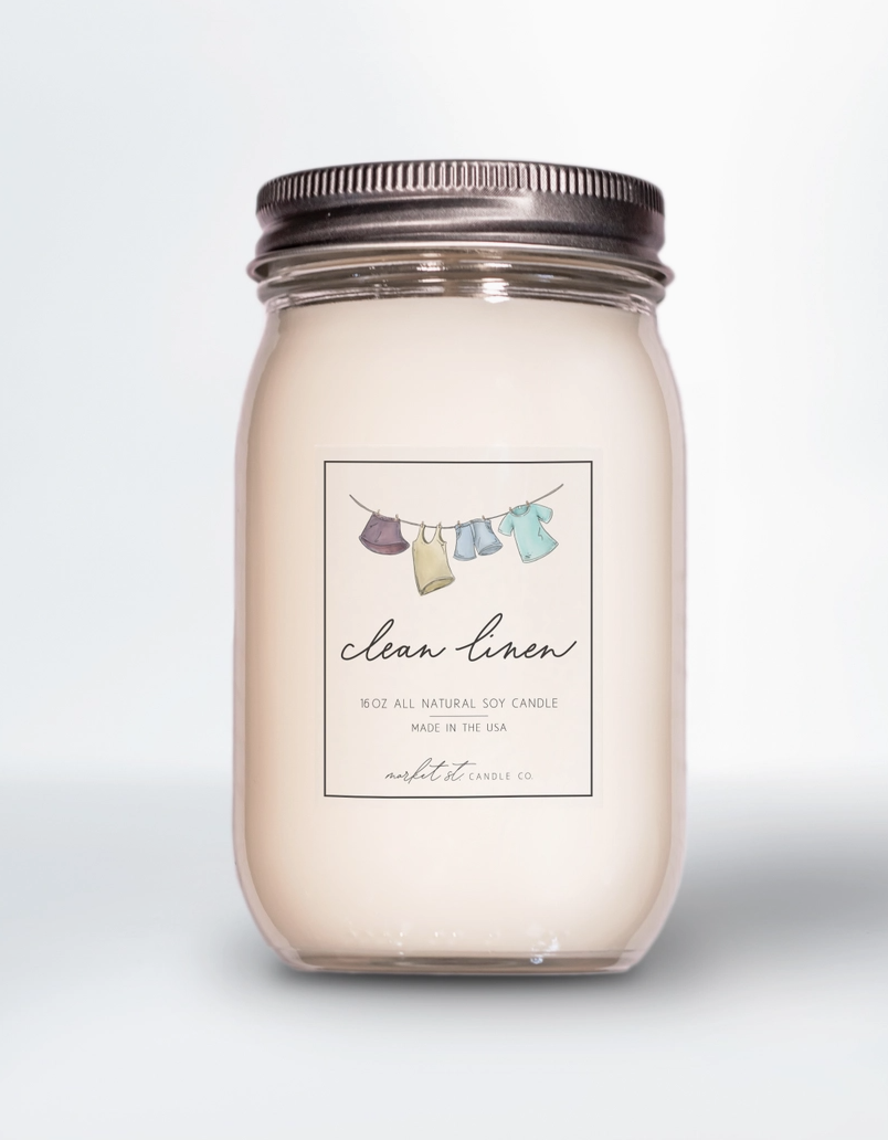Market Street Candle Co. Clean Linen 16 oz soy candle in reusable glass Ball jar with metal lid.