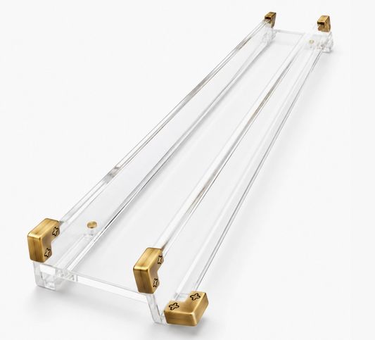 Set of clear acrylic Mahjong racks with magnetic straight pushers, brass corner accents, and elevated tile shelves for American Mahjong.