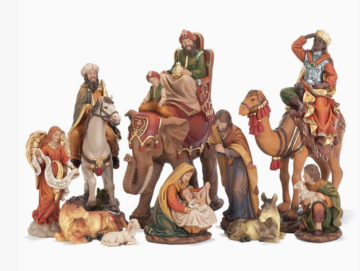 Colorful 10-piece Christmas Nativity set with Holy Family and Three Wise Men riding horse elephant and camel