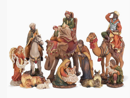 Colorful 10-piece Christmas Nativity set with Holy Family and Three Wise Men riding horse elephant and camel