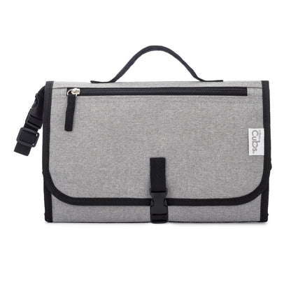A heather gray diaper or changing pad bag with black trim, a top carry handle, a front zipper pocket, and a buckle closure, shown on a plain white background. A small side label reads 'the Clu5'.