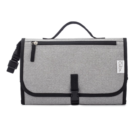 A heather gray diaper or changing pad bag with black trim, a top carry handle, a front zipper pocket, and a buckle closure, shown on a plain white background. A small side label reads 'the Clu5'.
