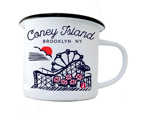 Cup with Coney Island, Brooklyn NY design featuring a roller coaster and beach ball.