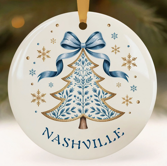 Coquette Bow Personalized Hometown Christmas Ornament