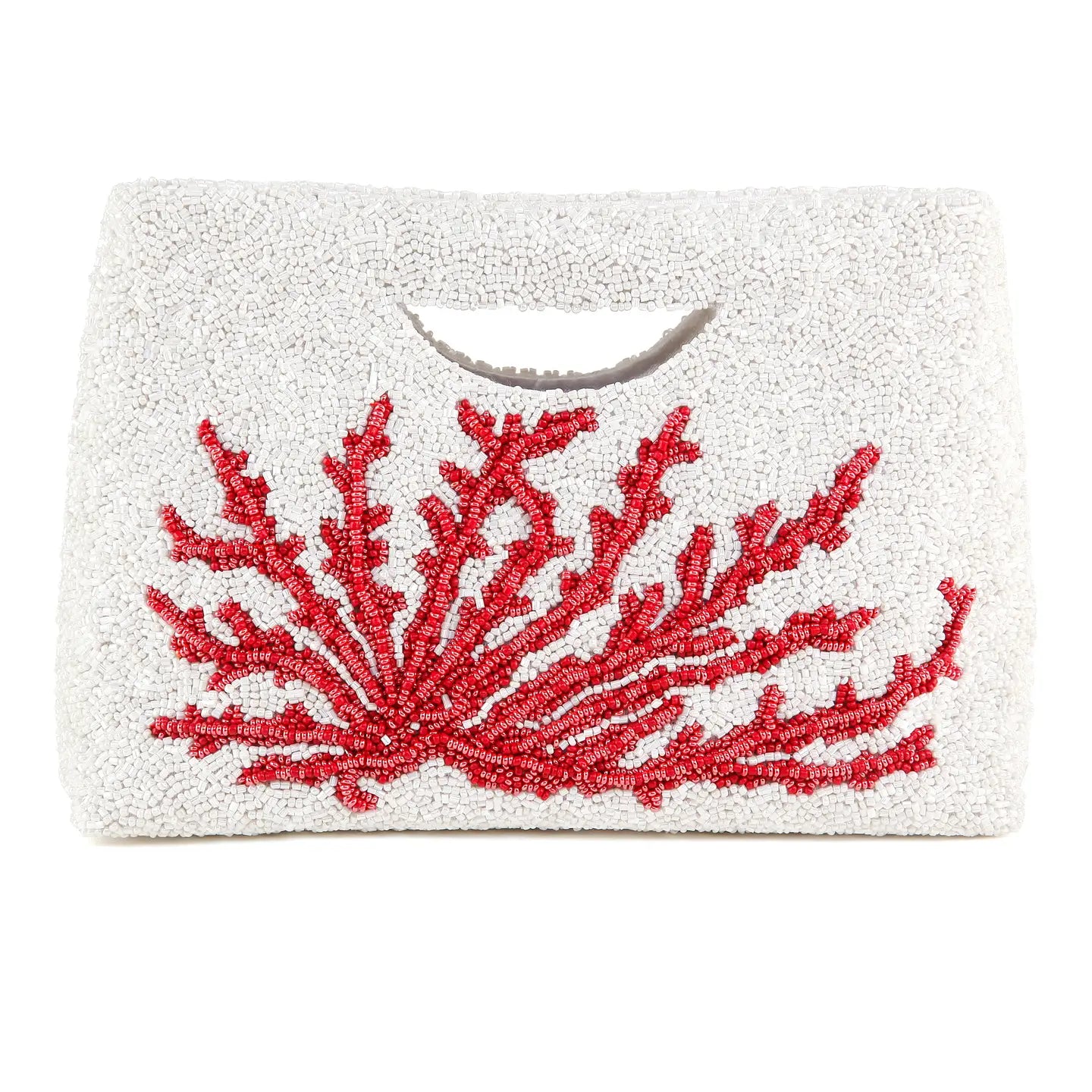 A white beaded clutch bag featuring a red beaded coral design on the front and a cutout handle at the top, shown against a plain white background. NY Gift Boutique