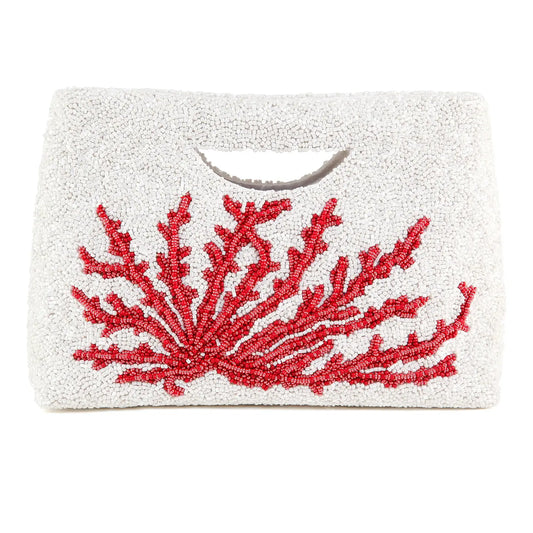 A white beaded clutch bag featuring a red beaded coral design on the front and a cutout handle at the top, shown against a plain white background. NY Gift Boutique