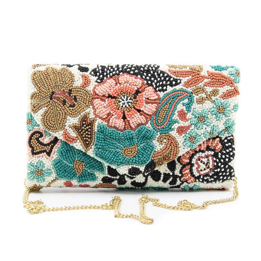 Coral and Turquiouse Beaded Clutch Bag