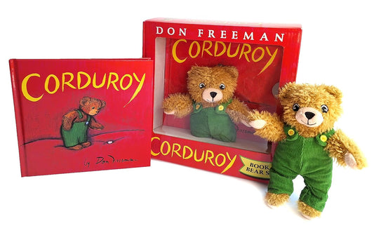 Plush bear toy and 'Corduroy' book with Don Freeman's name on a white background