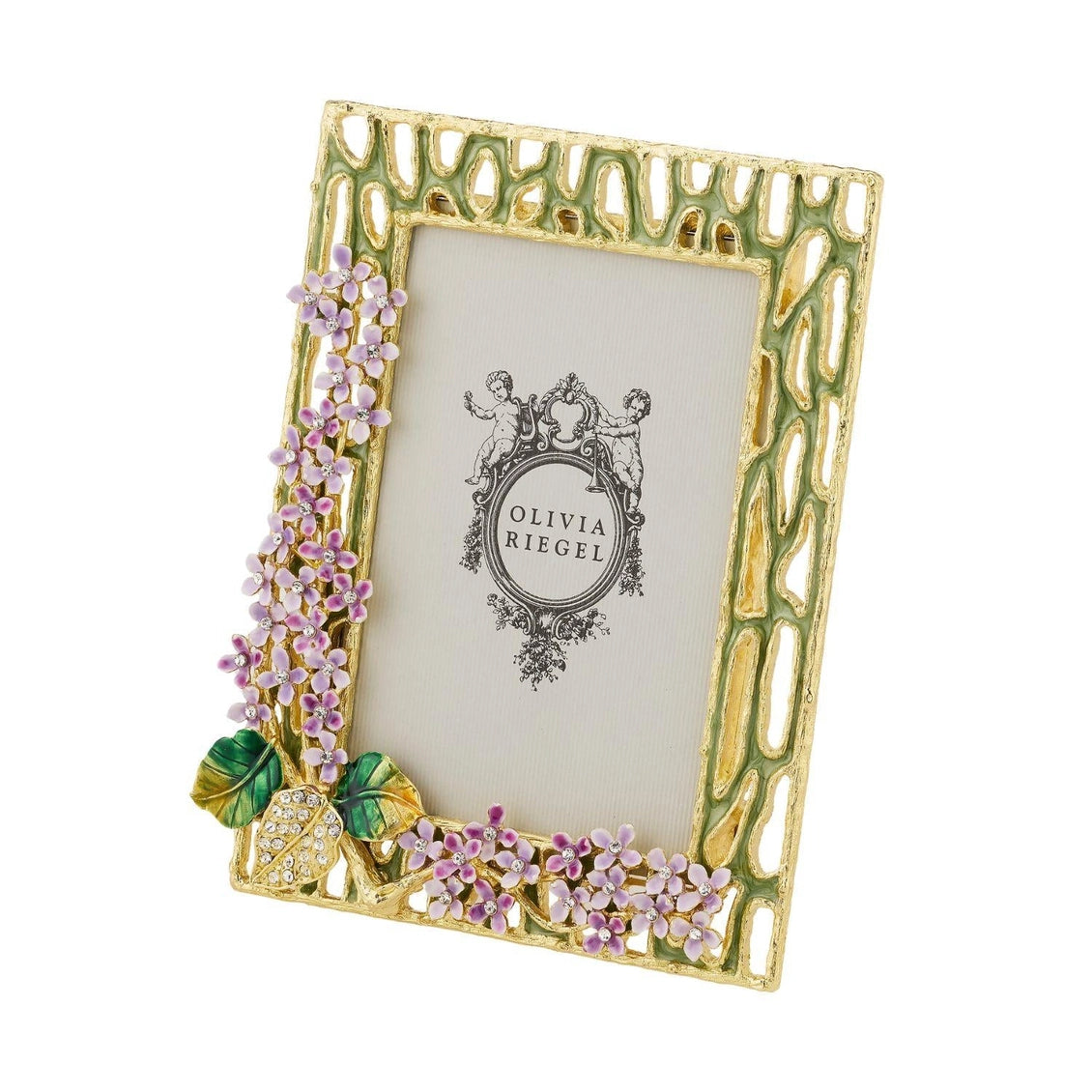 Decorative photo frame with floral design and 'Olivia Riegel' branding on a white background