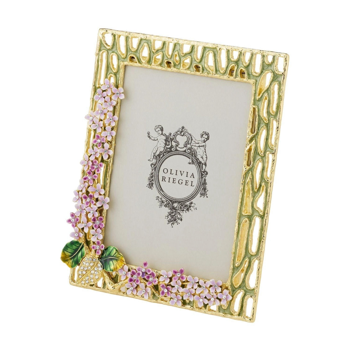 Decorative photo frame with floral design and 'Olivia Riegel' branding on a white background