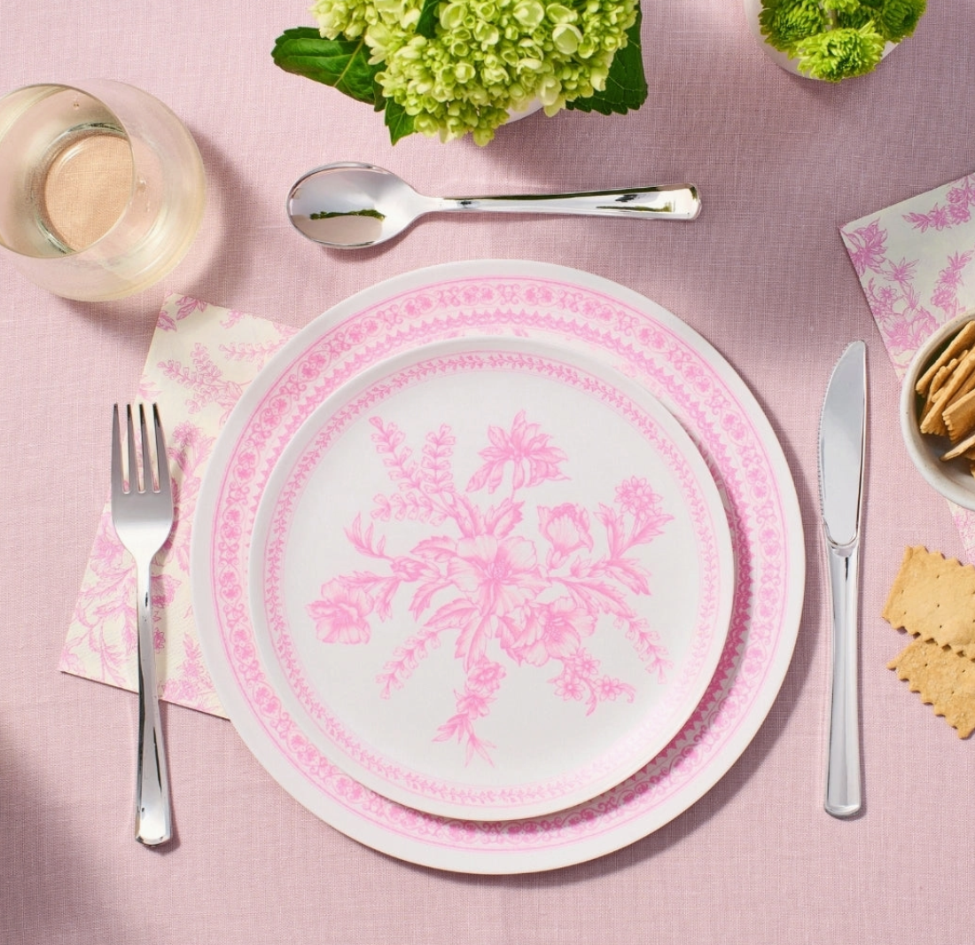 Shop Coterie Pink Toile reusable bamboo dinner plates. Set of four 10-inch dishwasher-safe plates with an elegant pink-and-white floral toile design.