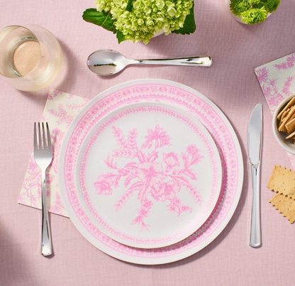 Shop Coterie Pink Toile reusable bamboo dinner plates. Set of four 10-inch dishwasher-safe plates with an elegant pink-and-white floral toile design.