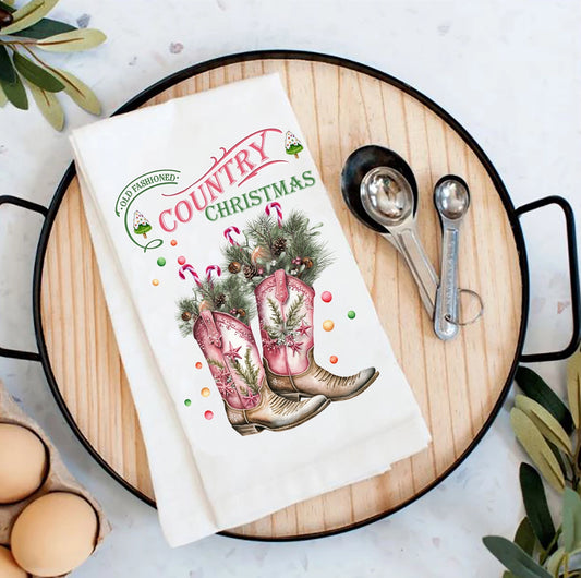 Country Christmas Cowboy Boots Western Flour Sack Tea Towel