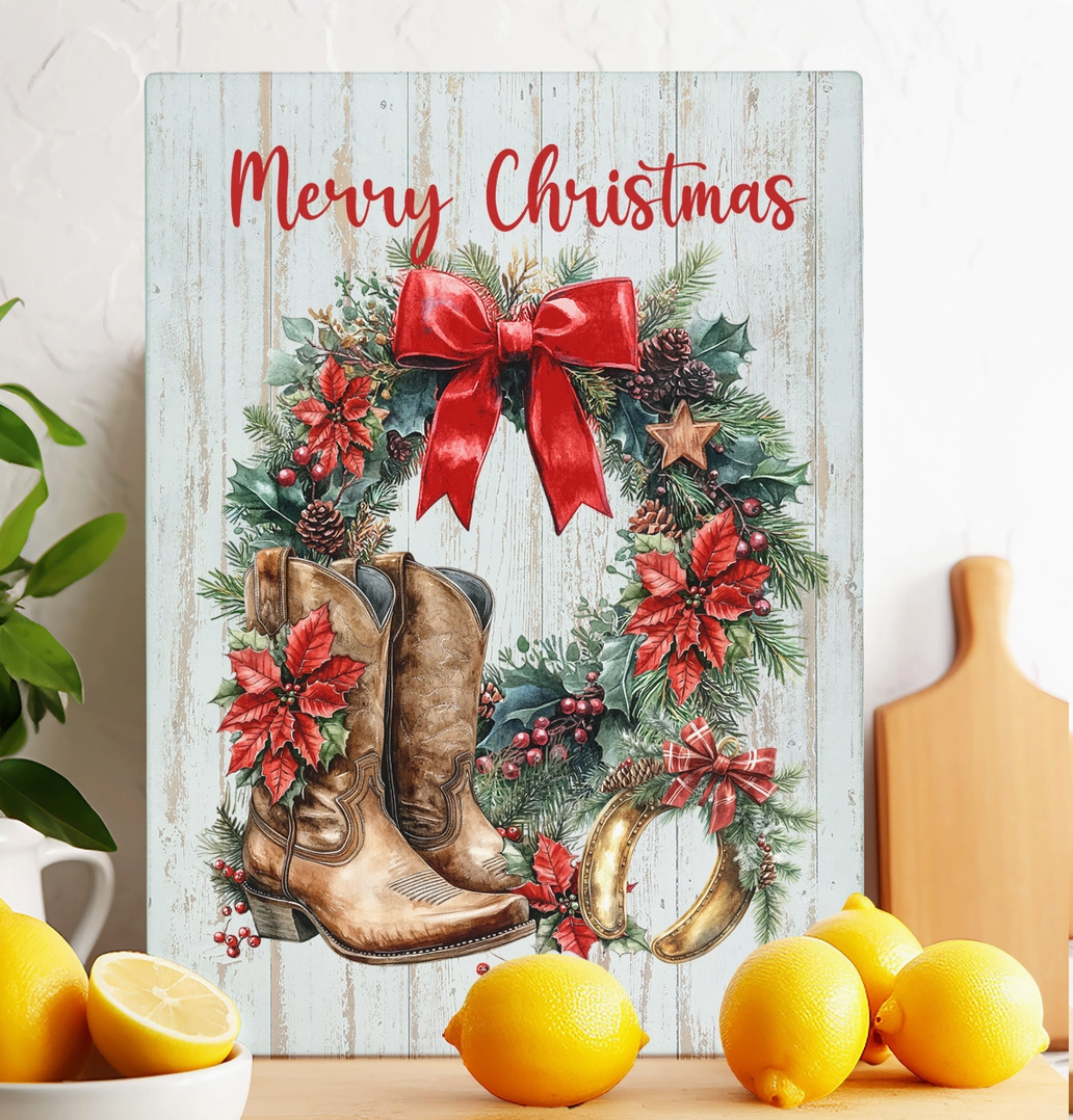 Western Christmas glass cutting board with cowboy boots, poinsettia wreath, horseshoe and Merry Christmas design