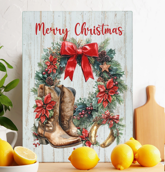 Western Christmas glass cutting board with cowboy boots, poinsettia wreath, horseshoe and Merry Christmas design