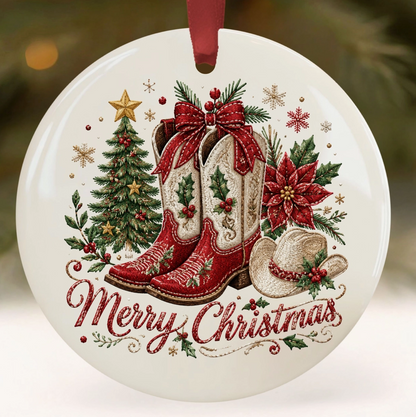 Round ceramic Christmas ornament featuring embroidered red cowboy boots, a green Christmas tree, poinsettias, a white cowboy hat, and the words 'Merry Christmas' on a white background with a red hanging ribbon.