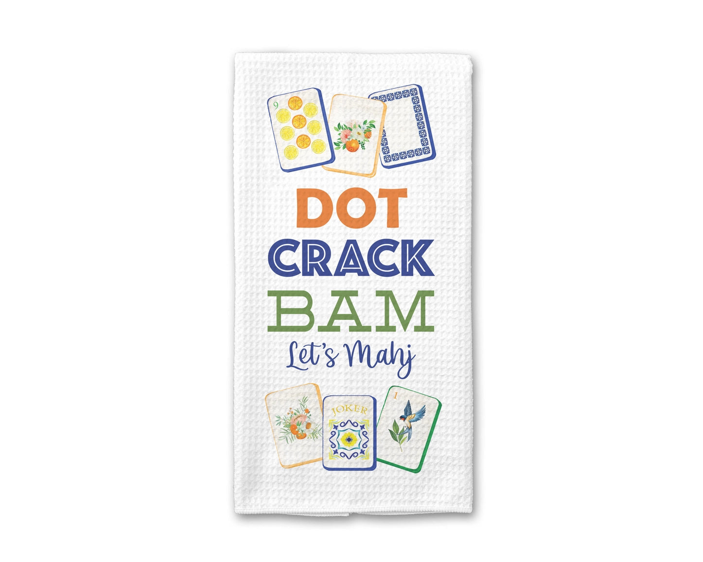Decorative towel with Mahjong-themed graphics and text on a white background