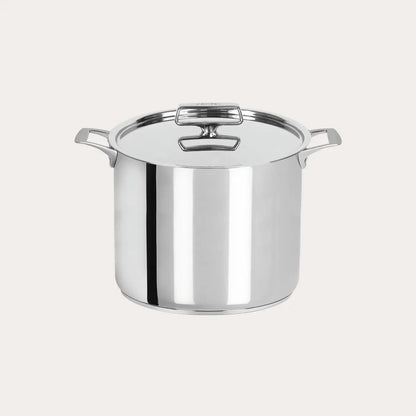 Stainless steel stock pot on a light gray background