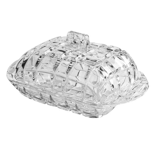 Clear crystal covered dish on a white background