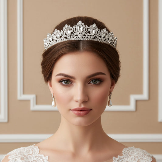 Woman wearing a sparkling tiara against a beige wall