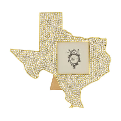 Texas-shaped photo frame with rhinestone embellishments on a white background