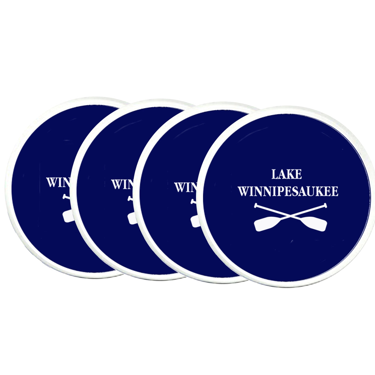 Set of four blue coasters with 'Lake Winnipesaukee' and paddle design on a white background