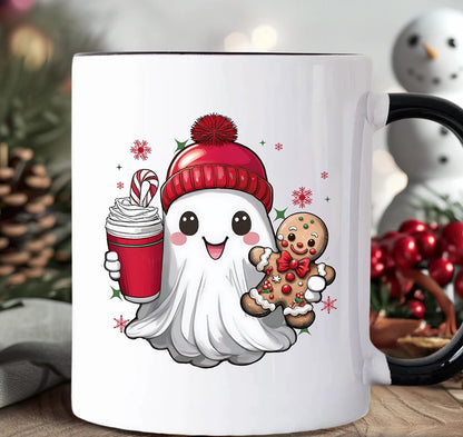 White mug with a cartoon ghost character holding a gingerbread man and a hot chocolate, set against a festive background.