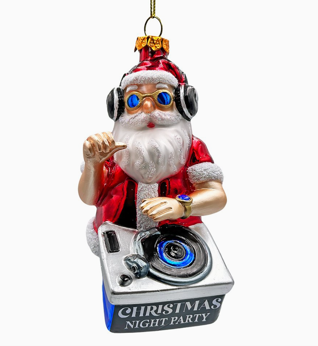DJ Santa glass Christmas ornament wearing headphones and blue sunglasses while spinning a turntable labeled Christmas Night Party