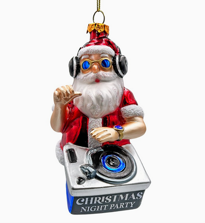 DJ Santa glass Christmas ornament wearing headphones and blue sunglasses while spinning a turntable labeled Christmas Night Party