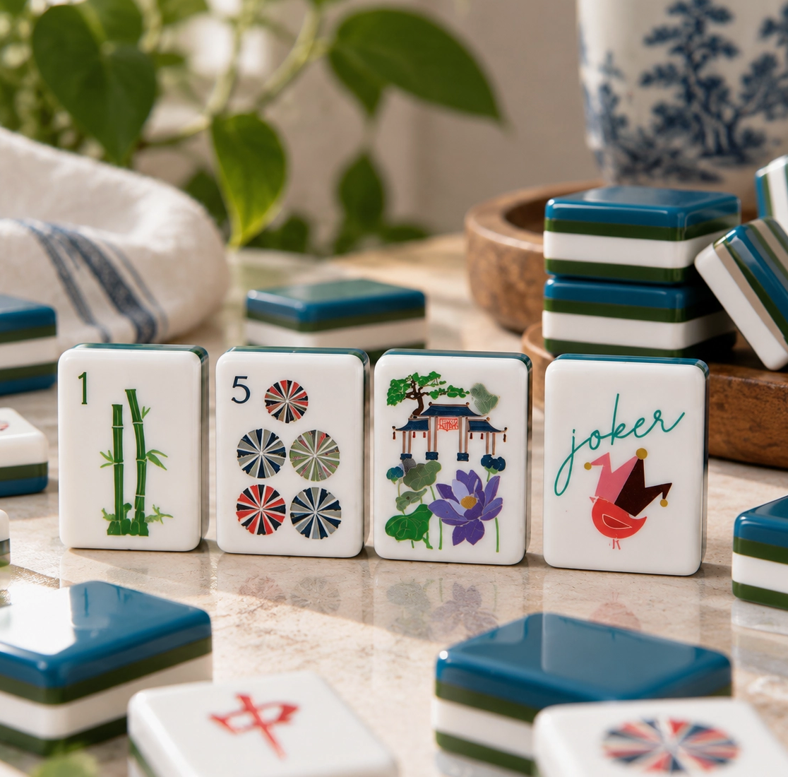 Deep Green Lotus Four-Layer American Mahjong Tile Set – 160 Tiles