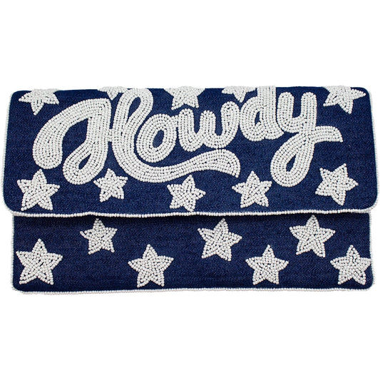 Navy clutch with white star patterns and 'Howdy' text on a white background