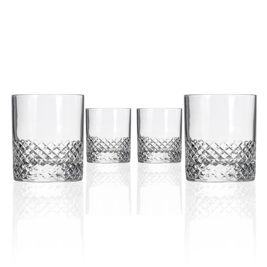 Set of four crystal tumblers with diamond pattern on a white background