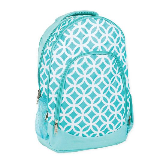 A turquoise and white backpack with a geometric interlocking circle pattern, featuring a front zippered pocket and side mesh pocket, shown on a plain white background.
