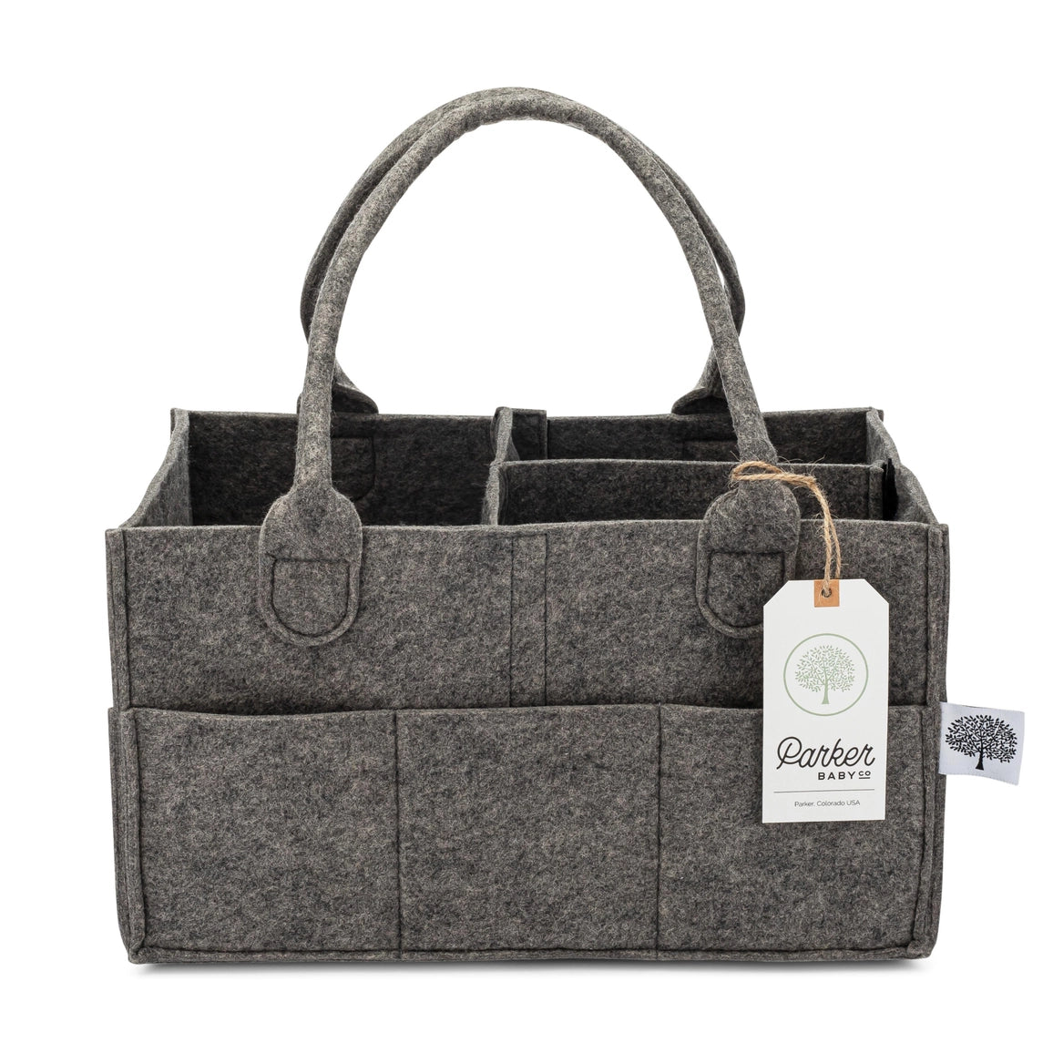 Gray felt caddy with handles and a tag on a white background