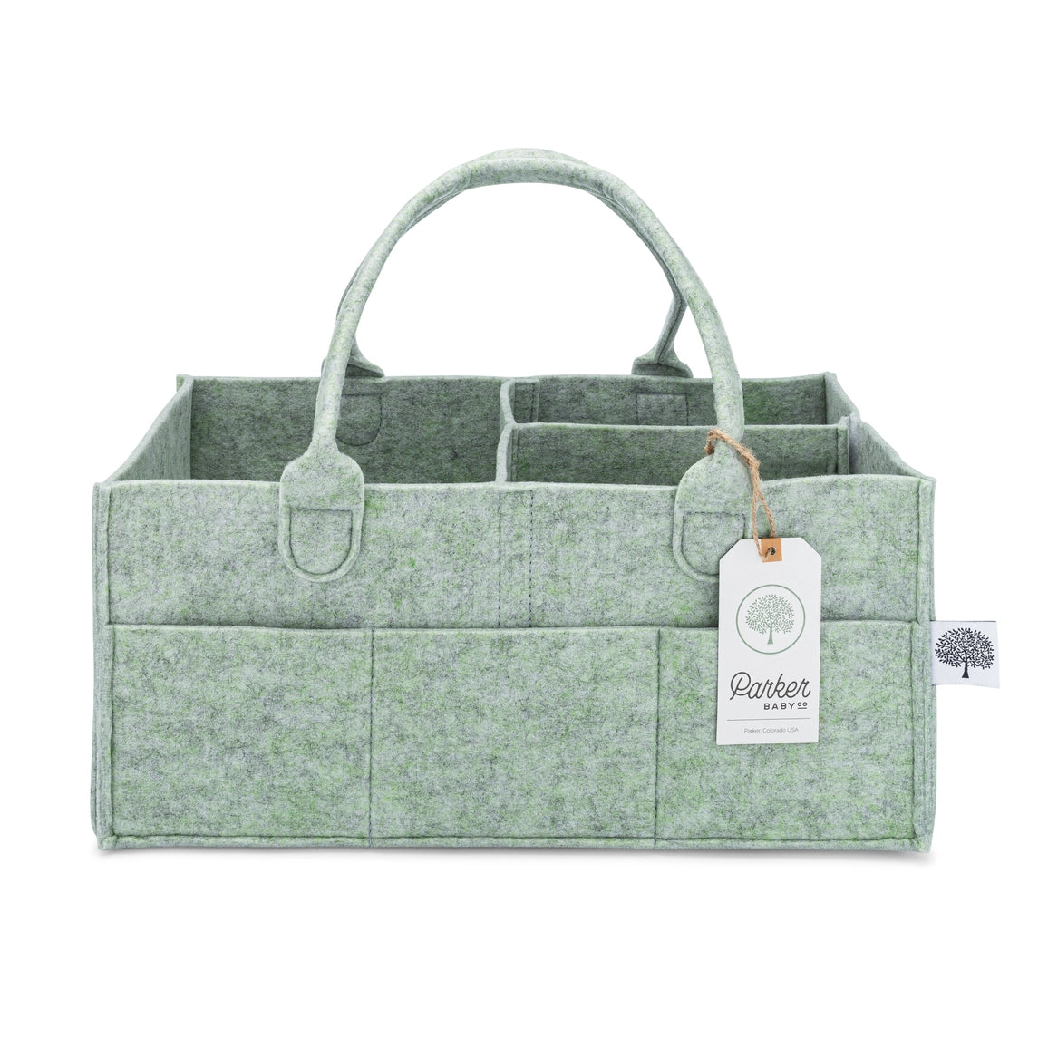 Green felt caddy with handles on a white background, featuring a 'Parkee Baby' tag.