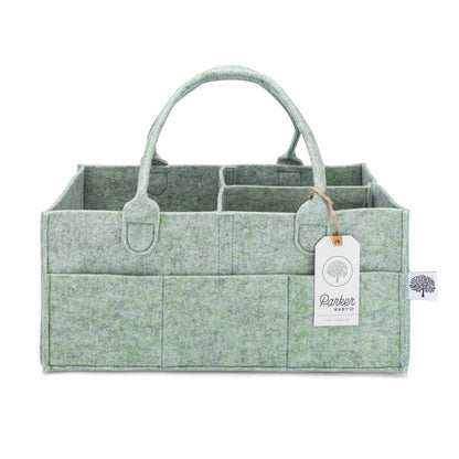 Green felt caddy with handles on a white background, featuring a 'Parkee Baby' tag.